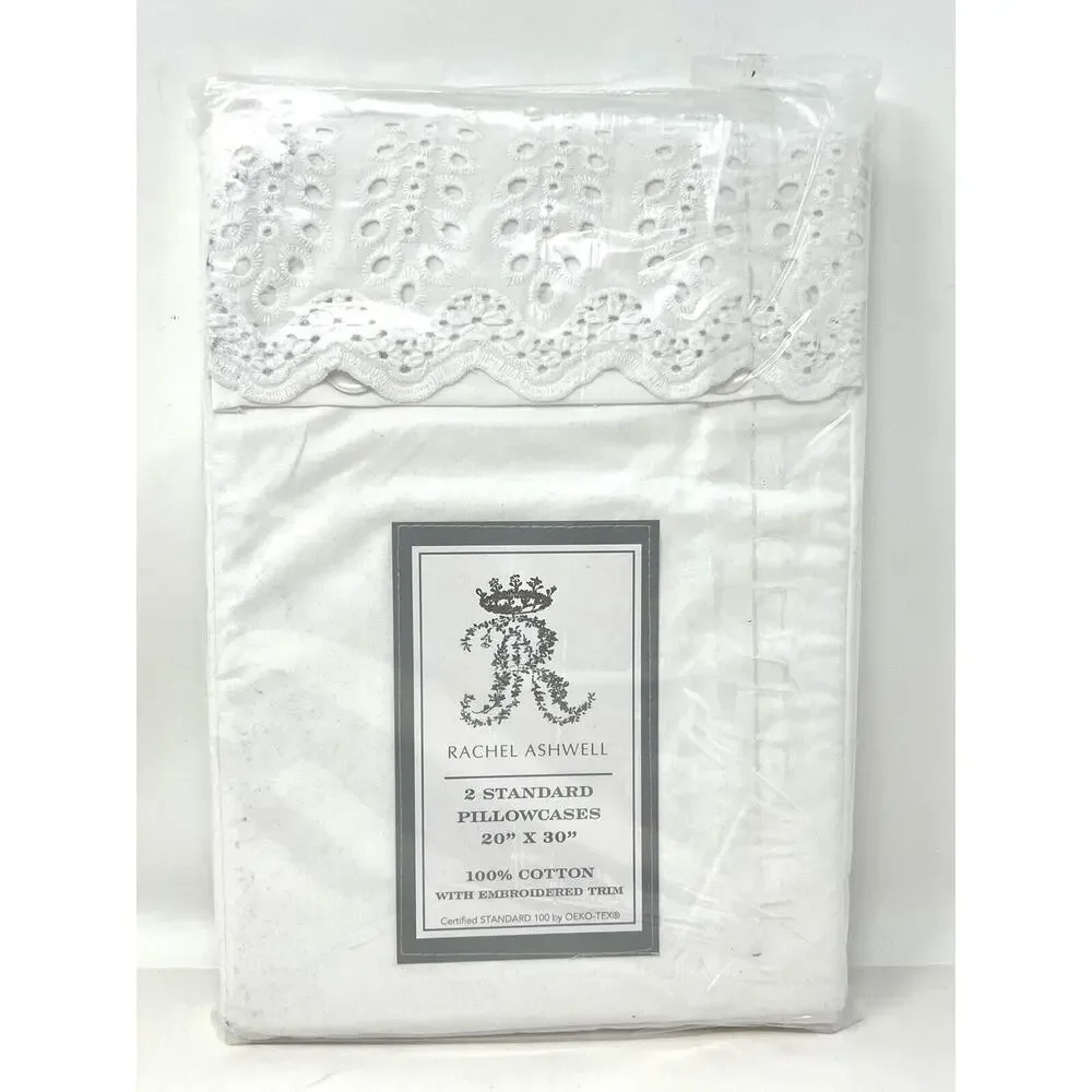 Rachel Ashwell Embroidered Eyelet Hem Standard PILLOWCASES White 100% Cotton NIP